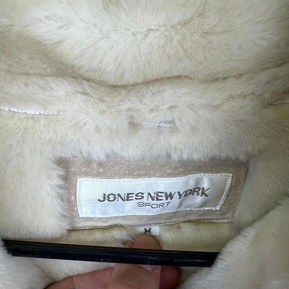 Jones New York Sport Beige Suede Leather Jacket Coat White Faux Fur Size M - Picture 7 of 8